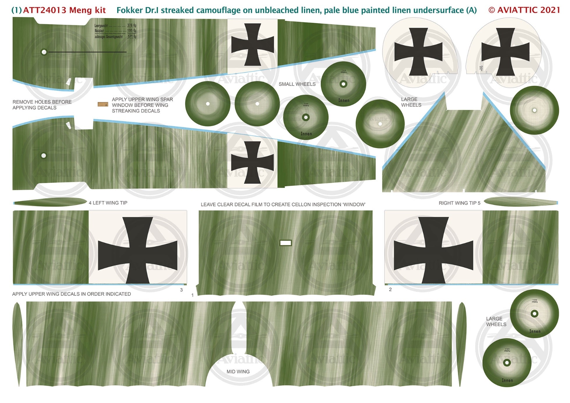 1/24 - Meng - Fokker Dr.I - streaked camouflage unbleached linen - pale blue painted linen undersurface - scheme A