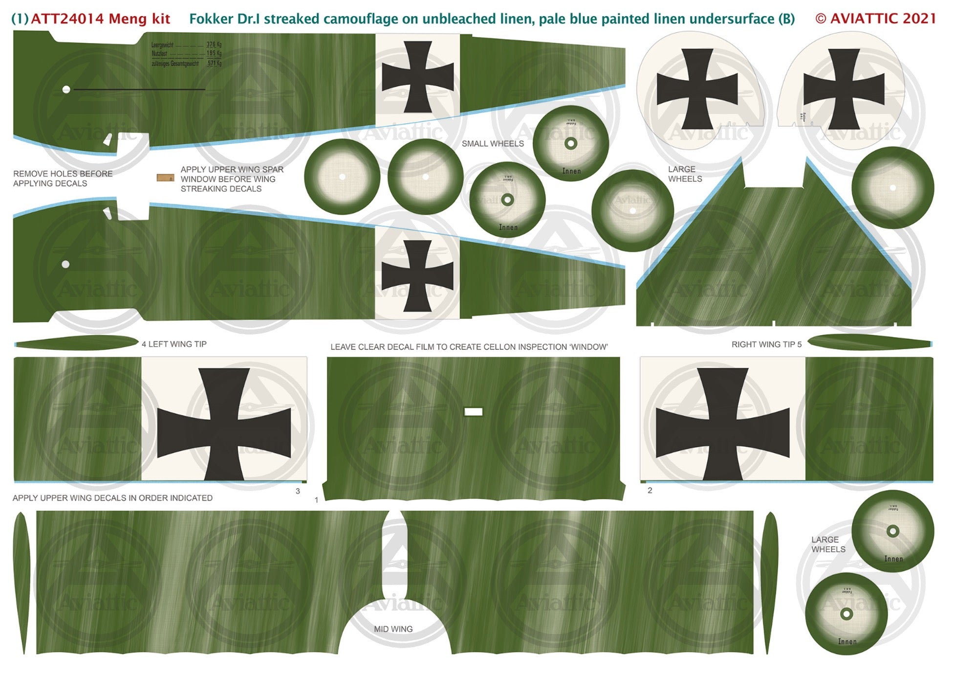 1/24 - Meng - Fokker Dr.I - streaked camouflage unbleached linen - pale blue painted linen undersurface - scheme B