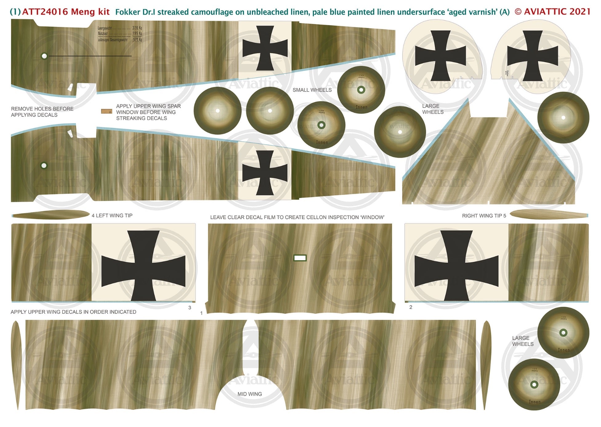 1/24 - Meng - Fokker Dr.I - streaked camouflage unbleached linen - pale blue painted linen undersurface - aged varnish - scheme A