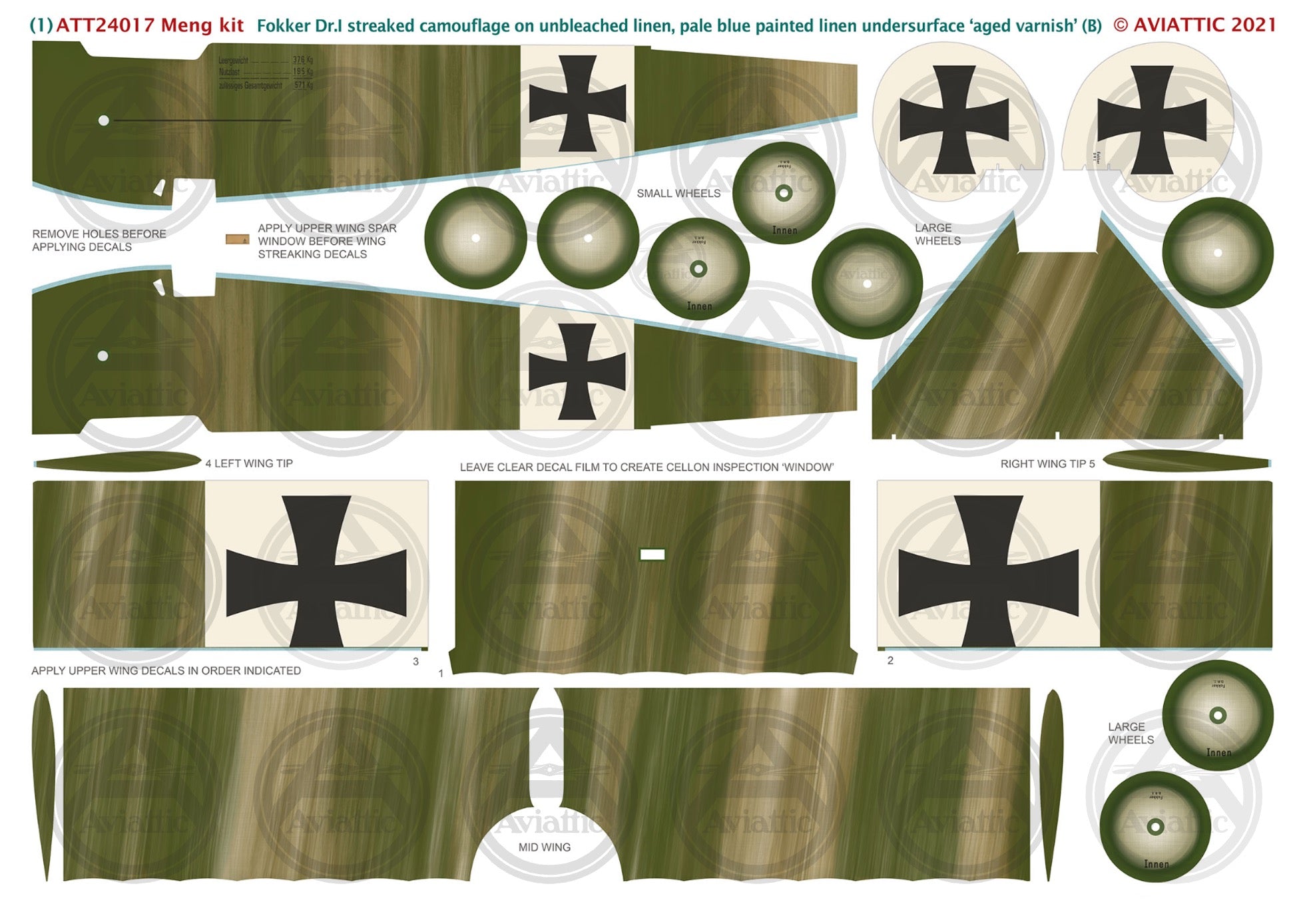 1/24 - Meng - Fokker Dr.I - streaked camouflage unbleached linen - pale blue painted linen undersurface - aged varnish - scheme B