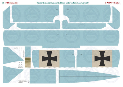 1/24 - Meng - Fokker Dr.I - streaked camouflage unbleached linen - pale blue painted linen undersurface - aged varnish - scheme B